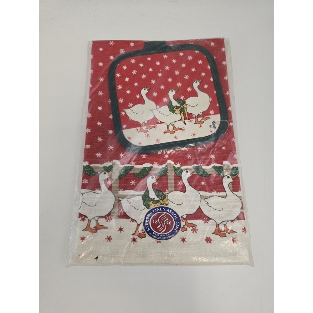 Vintage Stevens Linen Tea Towel and Potholder Set Ducks w/ Christmas wreath NEW